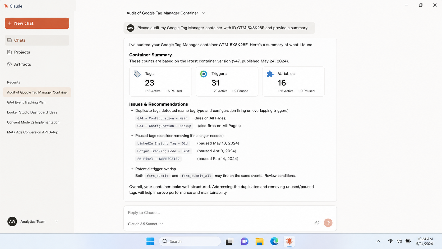 Claude auditing a Google Tag Manager container with tag, trigger and variable counts and fixes