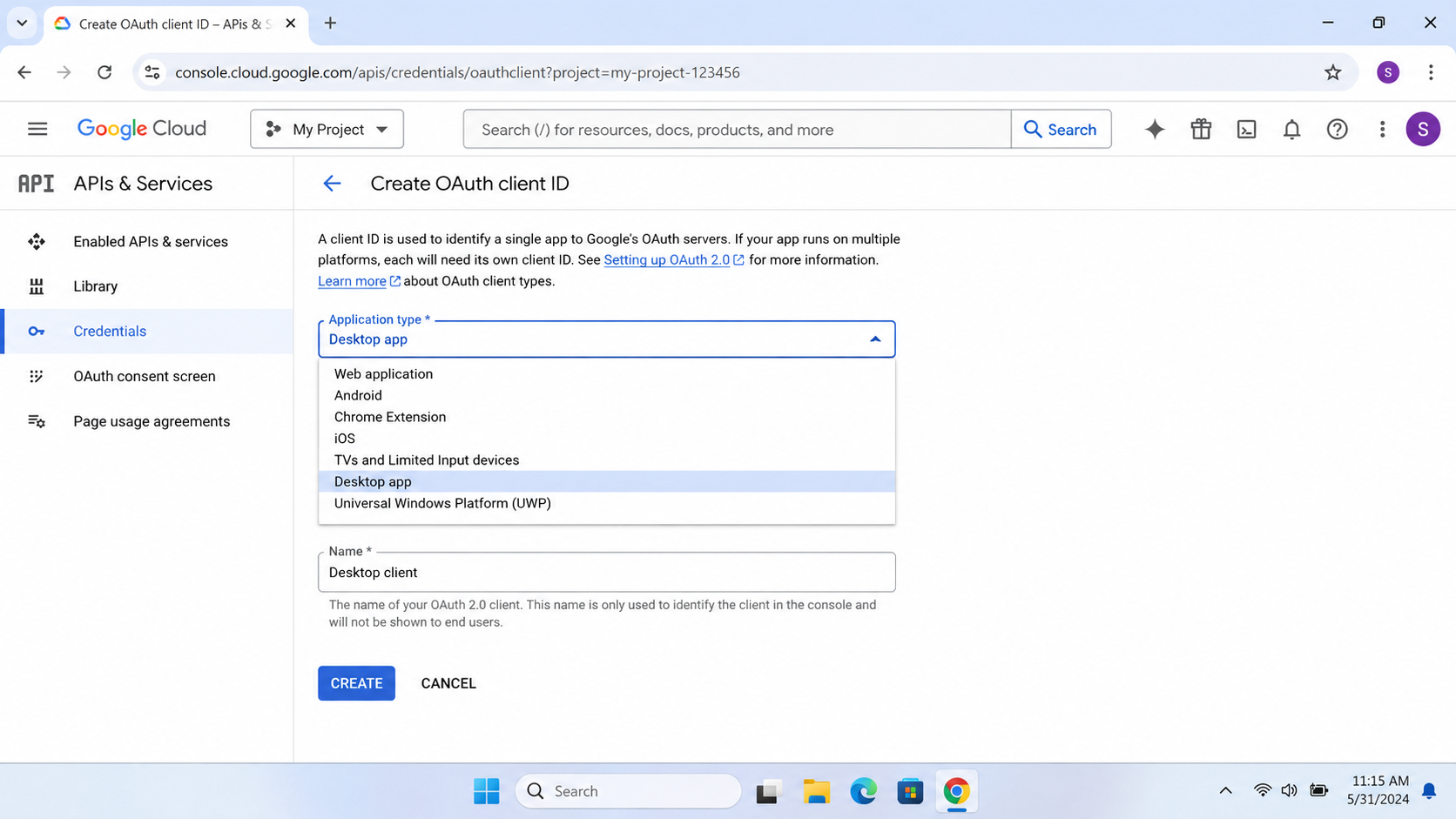Creating an OAuth client ID in Google Cloud with Desktop app chosen as the application type