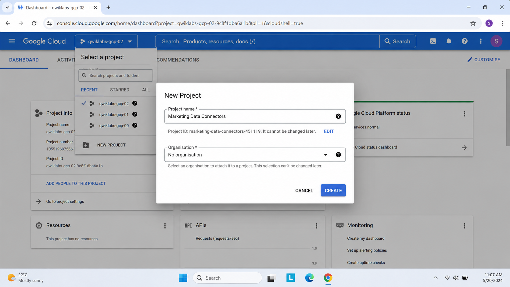Google Cloud Console New Project dialog creating a project called Marketing Data Connectors