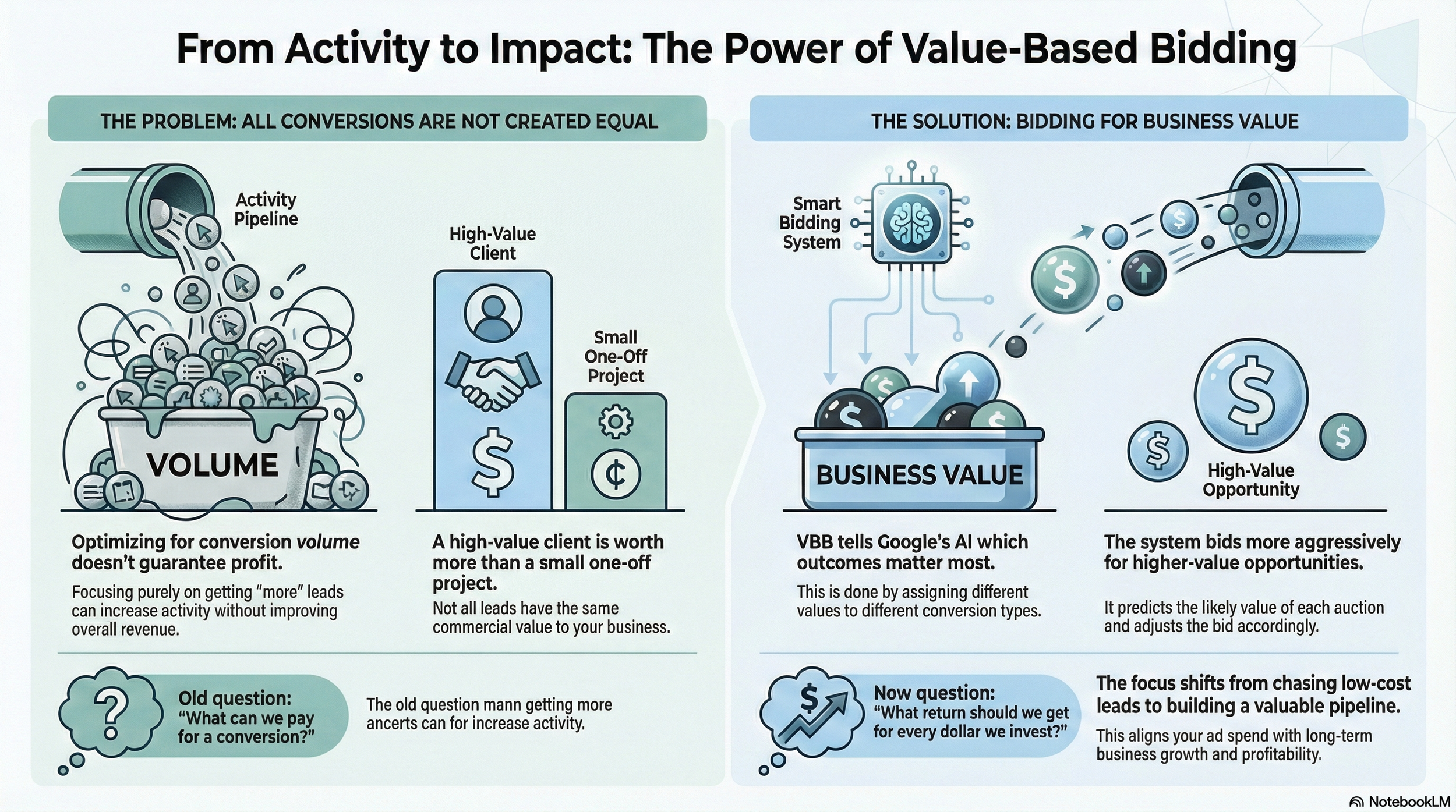 Value-Based Bidding infographic explaining how Google Ads Smart Bidding optimises for conversion value instead of volume, illustrating how higher-value leads and revenue outcomes are prioritised over low-cost, low-impact conversions.