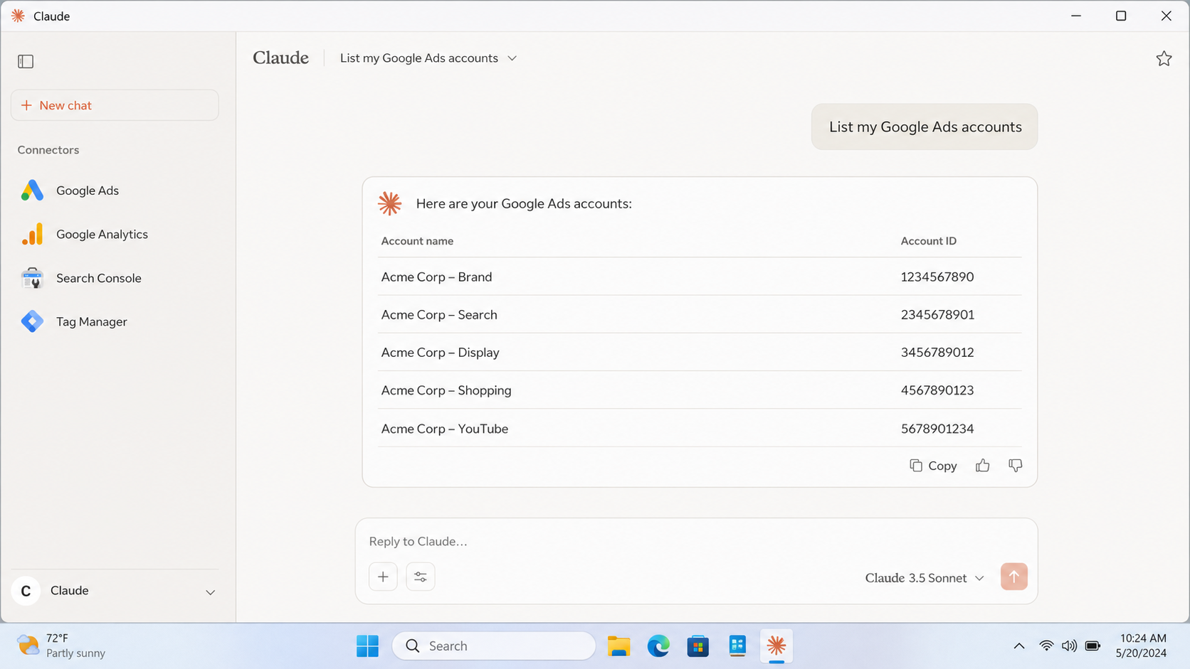 Claude Desktop listing Google Ads accounts in a table after connecting the Google Ads MCP connector