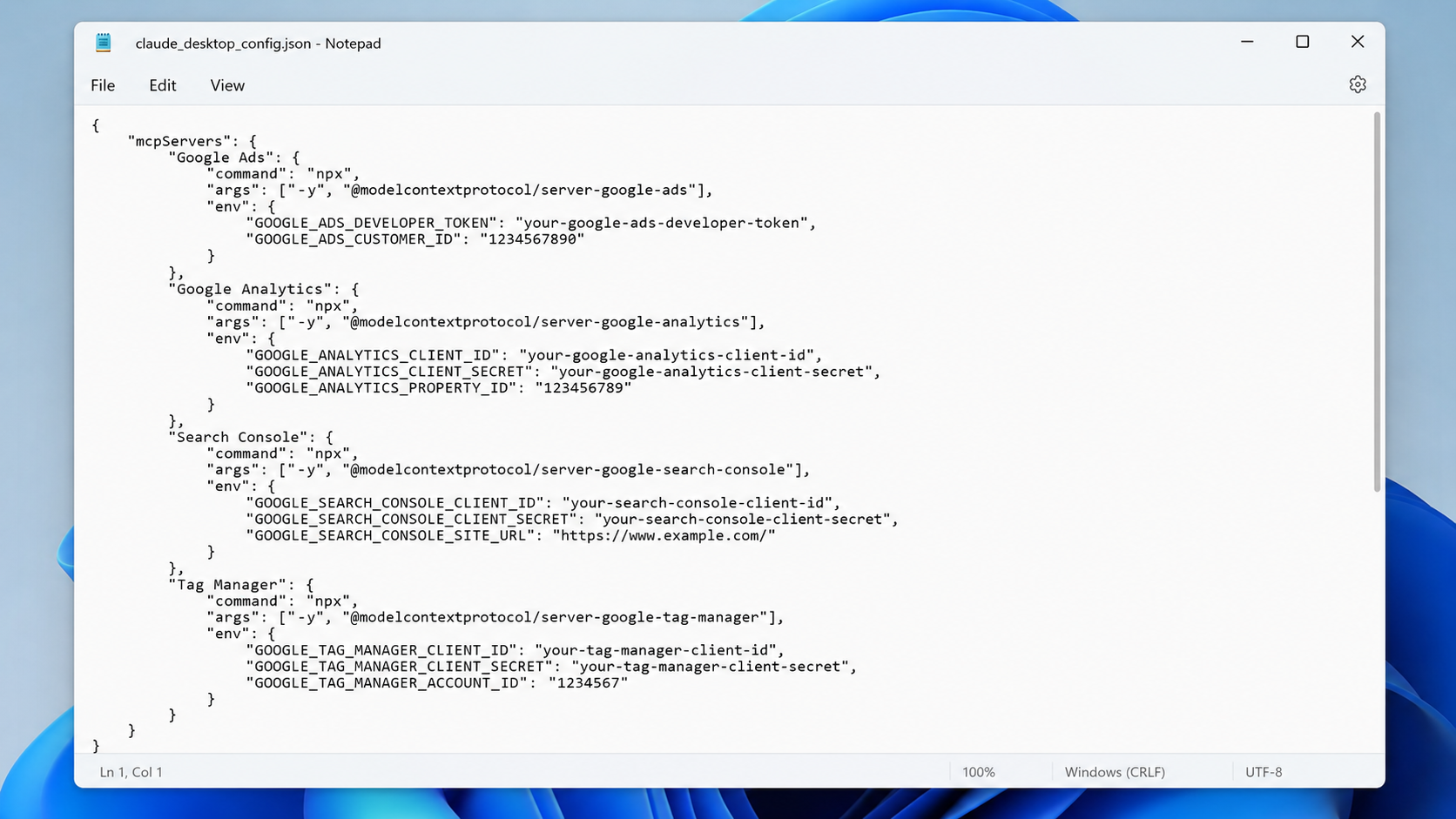 Claude Desktop claude_desktop_config.json file configured with four Google MCP connectors