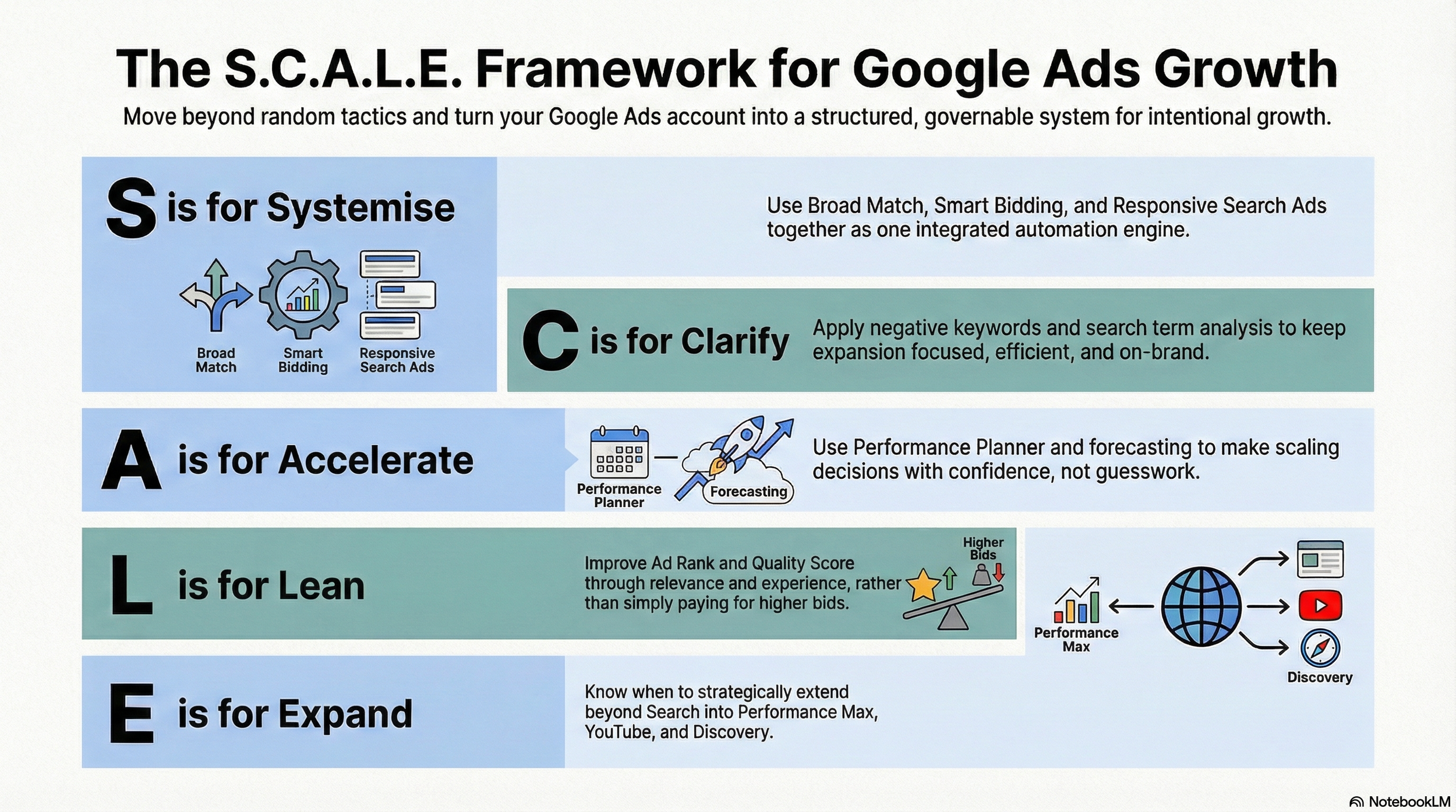 SCALE framework diagram for scaling Google Ads, outlining Systemise, Clarify, Accelerate, Lean, and Expand, and how automation, forecasting, quality optimisation, and channel expansion support structured, sustainable growth.