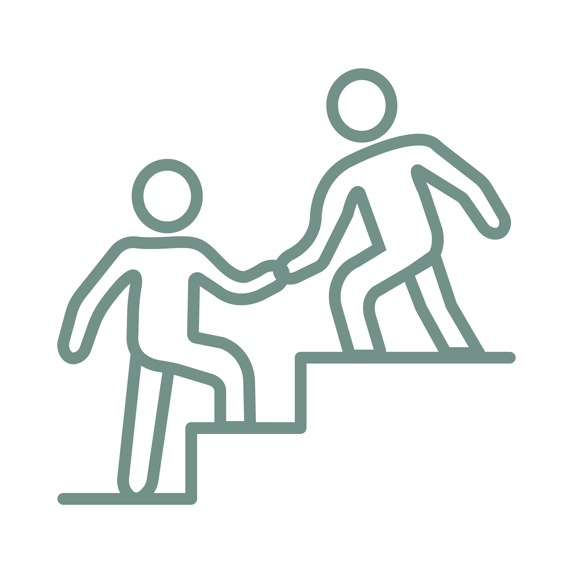 Line art illustration of a person helping another person climb stairs, symbolizing assistance or support.