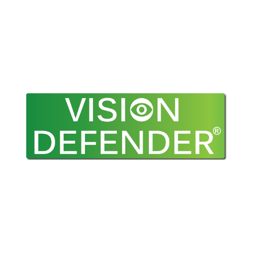 Logo with the words 'Vision Defender' on a green background, with an eye symbol inside the letter 'O' in 'Vision.'