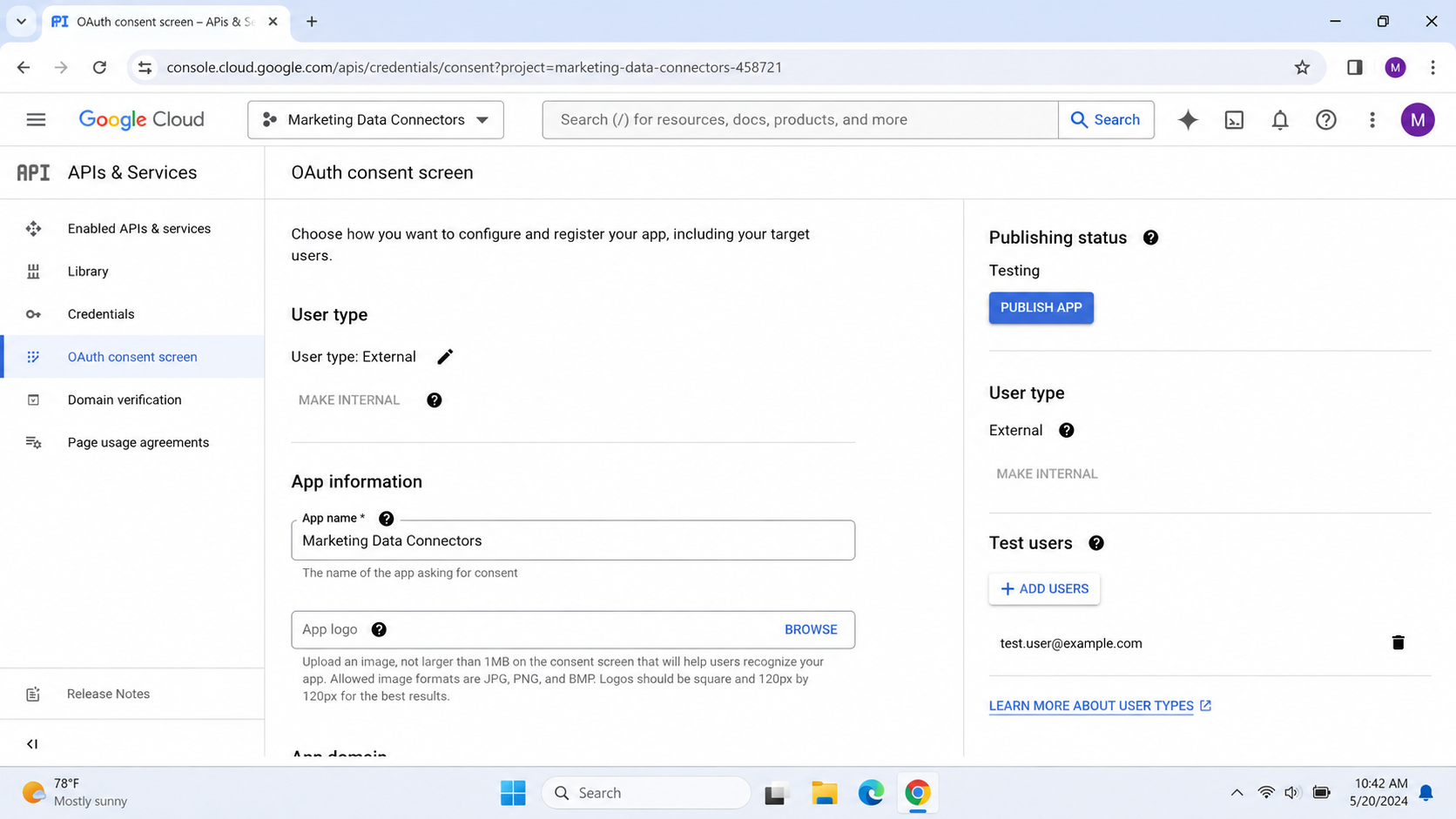Google Cloud OAuth consent screen with External user type, app name and publishing status