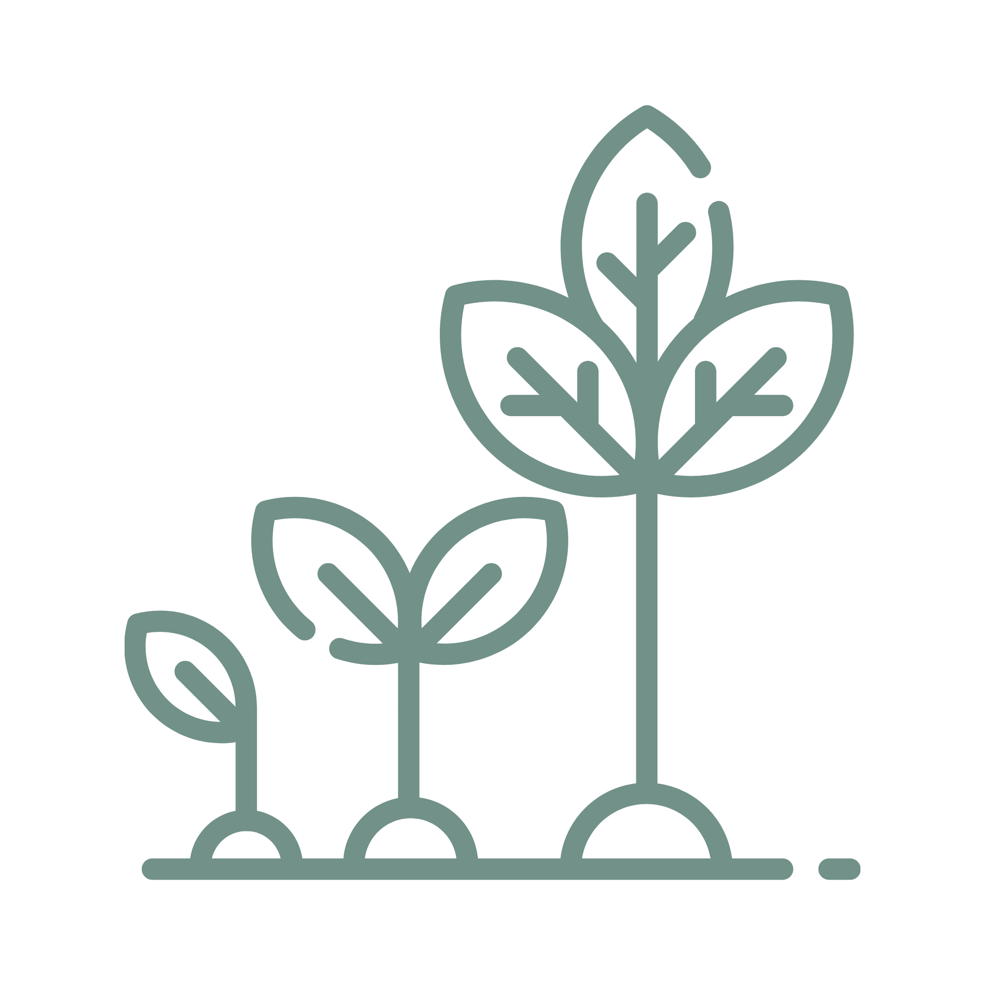 Line drawing of three growing plants at different stages, with larger plants on the right and smaller ones on the left.