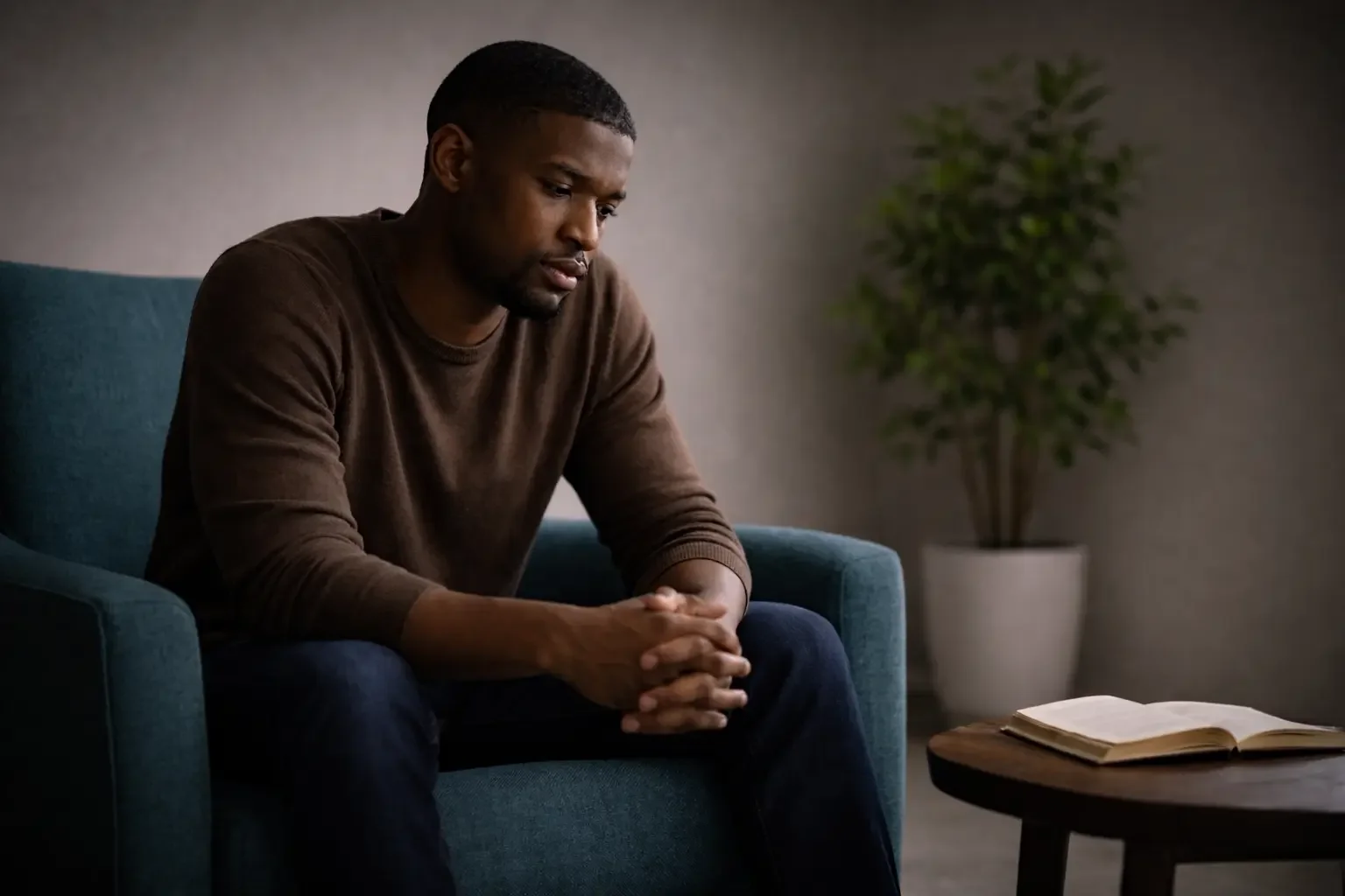 Mann sitzt niedergeschlagen in Sessel, Blick gesenkt