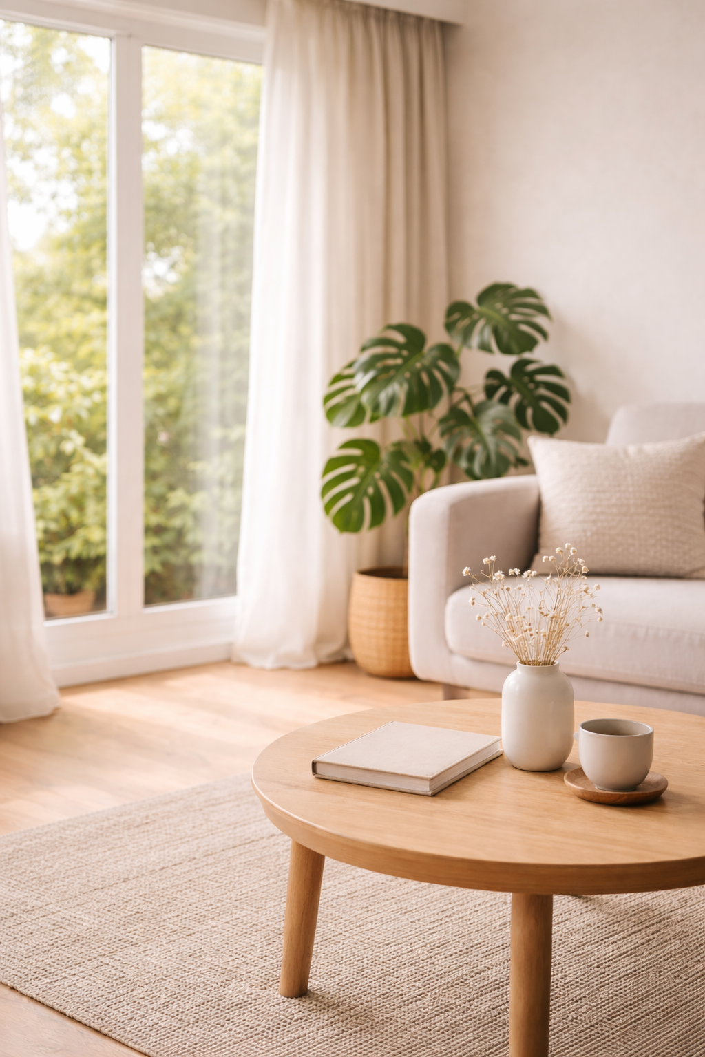 Heller, lichtdurchfluteter Raum mit Sofa und Pflanze für ein vertrautes Gespräch