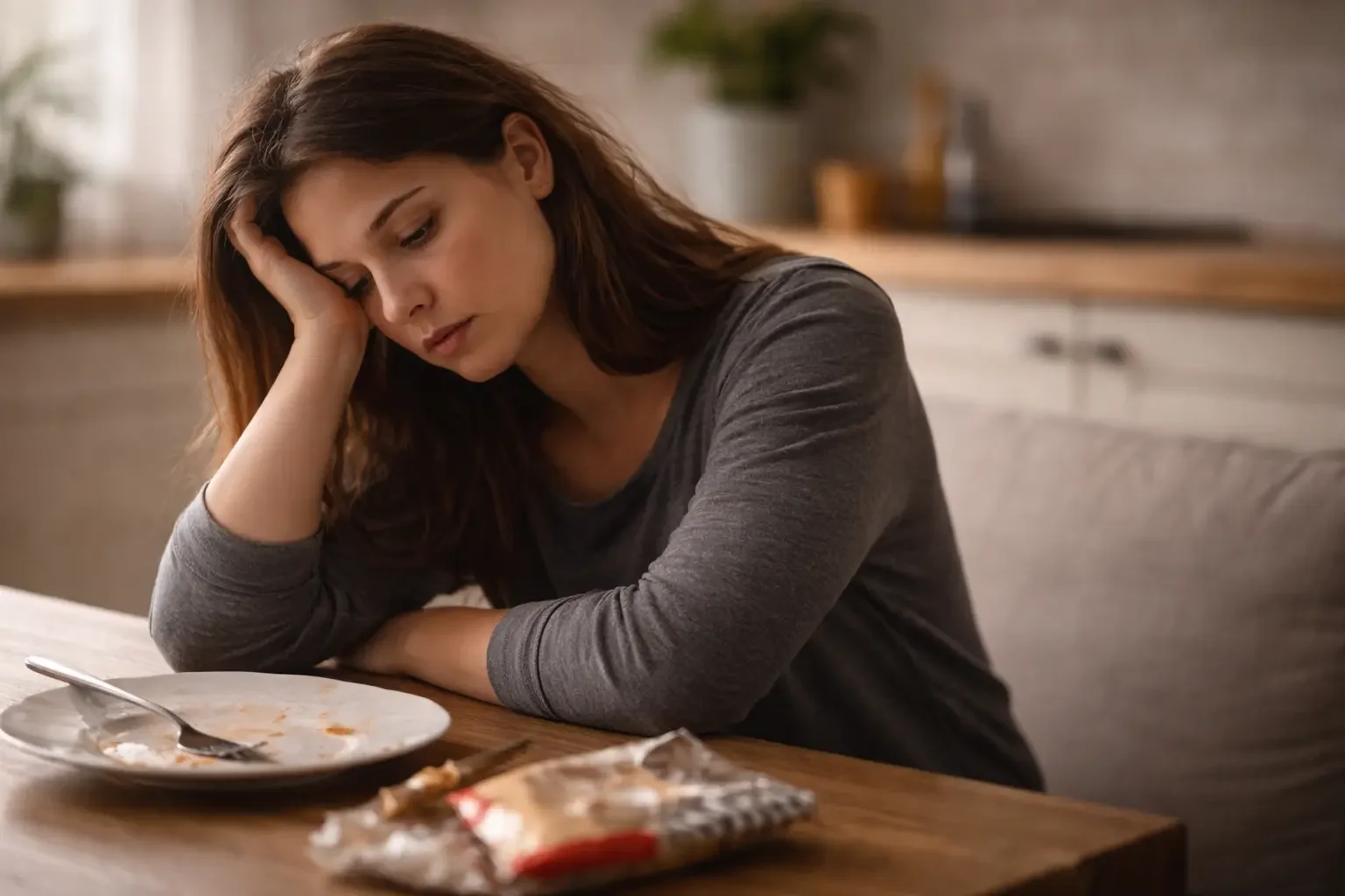 Fraz sitzt am Küchentisch umgeben von leeren Essensverpackungen