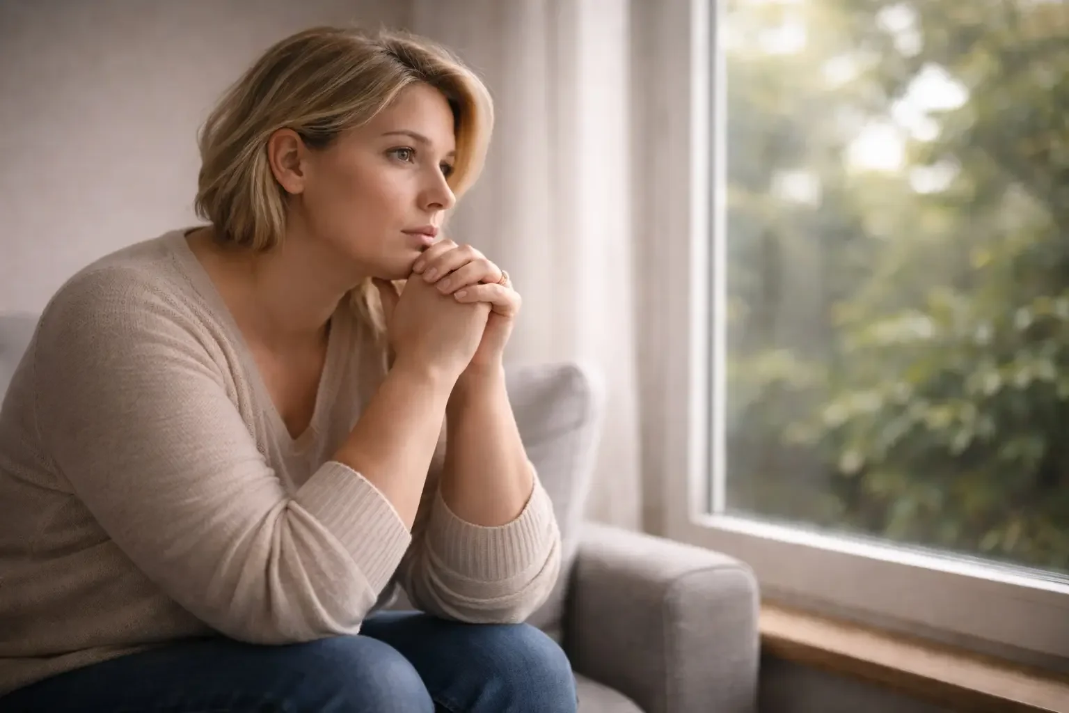 Frau schaut mit besorgtem Blick aus dem Fenster