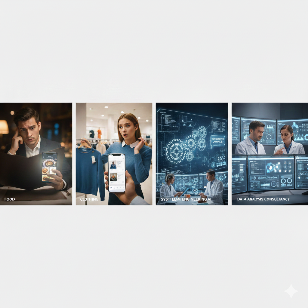 A collage of four images representing different industries: food, clothing, system engineering AI, and data analysis consultancy.