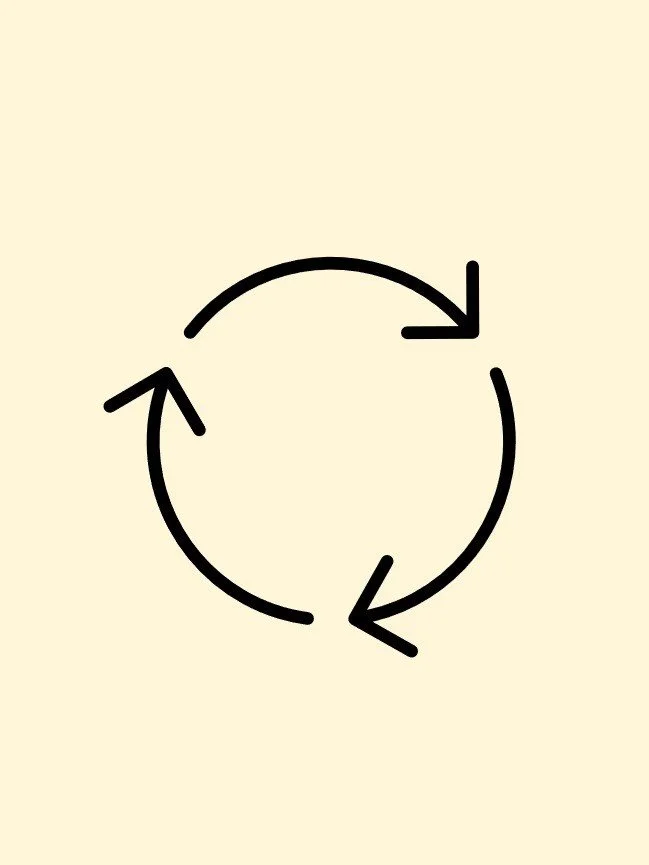A black circular arrow symbol indicating a cycle or refresh on a beige background.