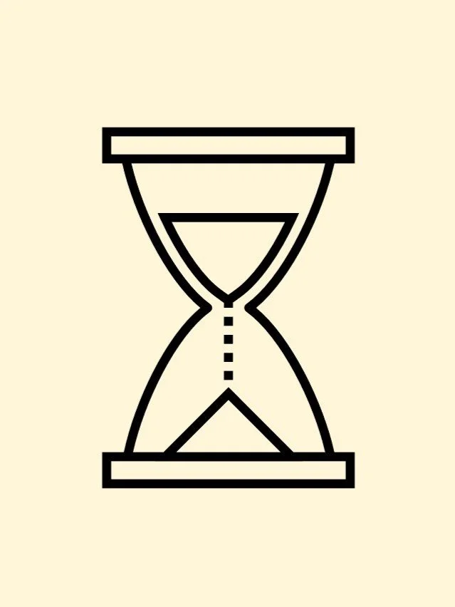 Minimalist black and white illustration of an hourglass on a beige background.