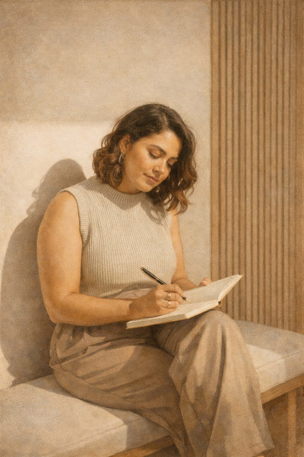 A woman with shoulder-length wavy brown hair wearing a sleeveless beige sweater and striped beige pants, sitting on a bench, writing in a notebook with a pen, in a room with beige walls and wood paneling.