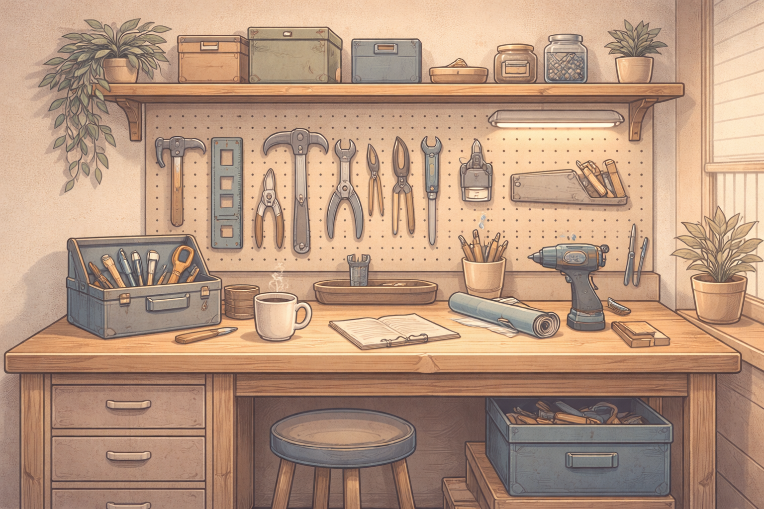 Illustration of a woodworking workspace with a wooden workbench, tools hanging on a pegboard, potted plants, a coffee mug, an open notebook, a drill, and various other tools and supplies.