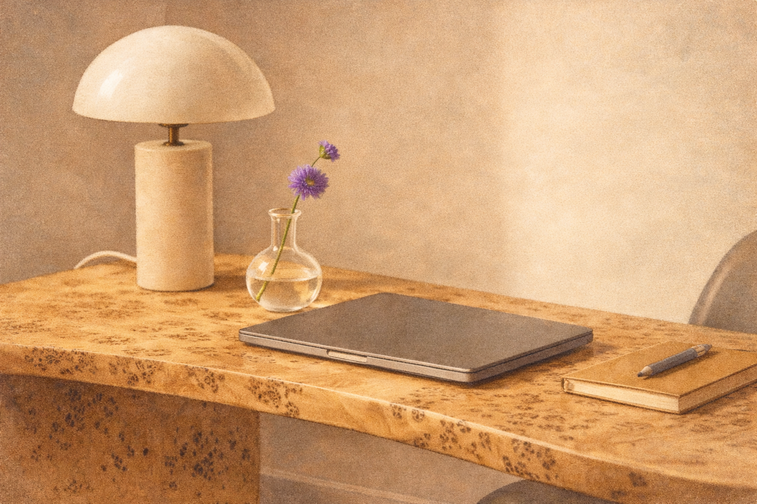 Wooden desk with a lamp, a glass vase with purple flowers, a closed laptop, a notepad, and a pen.