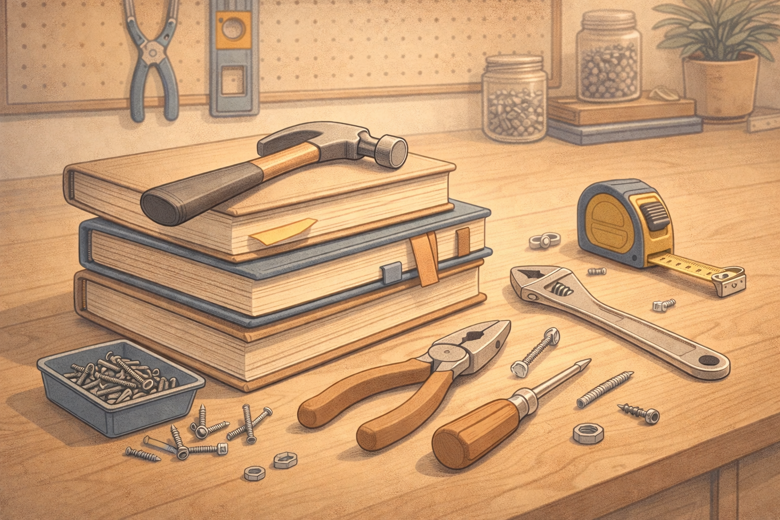 A woodworking workbench with books, tools, screws, nuts, and jars in a workshop setting.