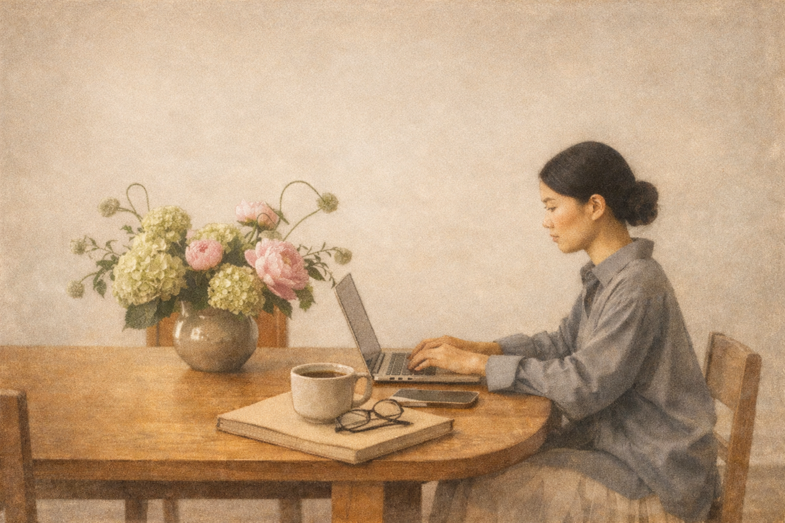 Woman working on a laptop at a wooden table, with a vase of pink and green flowers, a coffee mug, a pair of glasses, and a smartphone.