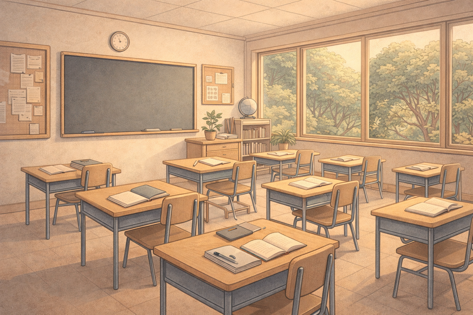 Empty classroom with wooden desks and chairs, open books, notebooks, and pens, large windows with trees outside, blackboard, bulletin boards, clock, plants, and shelf with books.