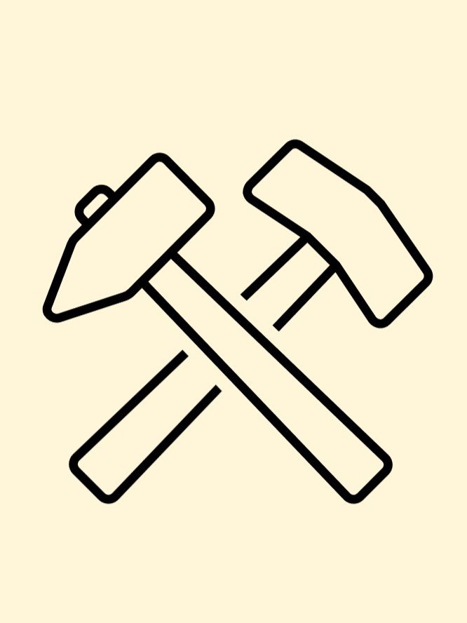 Line drawing of a hammer and a screwdriver crossed over each other on a light background.