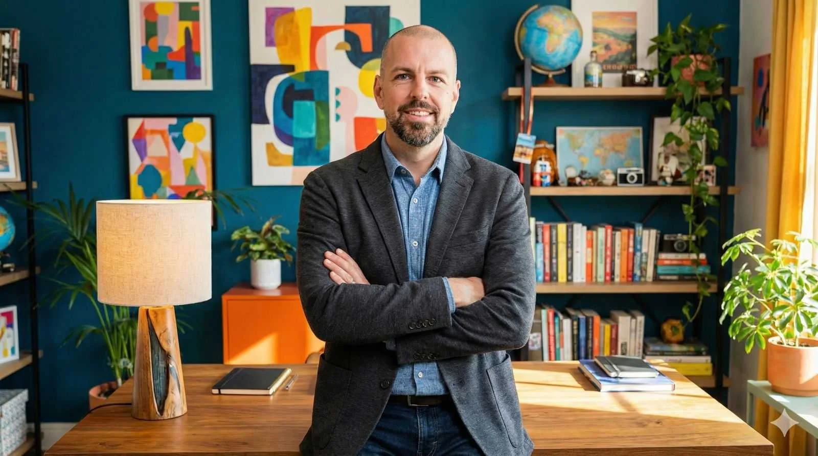 A man with a beard and bald head standing with arms crossed in a colorful room with books, artwork, plants, and globes.