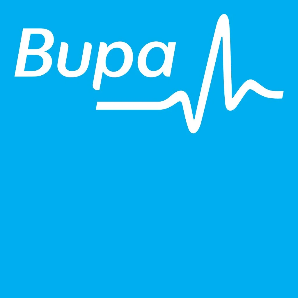 Blue background with the Bupa logo, featuring the brand name and a stylized heartbeat line.