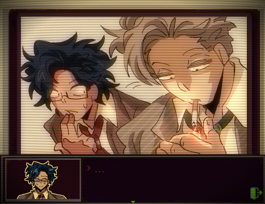 Two characters with messy hair, one with glasses, are looking at a photograph of themselves from the past. The person on the left appears surprised or confused, while the person on the right looks thoughtful or melancholic, holding a cigarette.