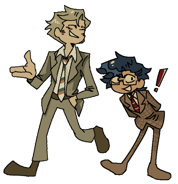 Two cartoon characters in business suits walking together, smiling, with one making a gesture and the other with an exclamation mark over glasses.