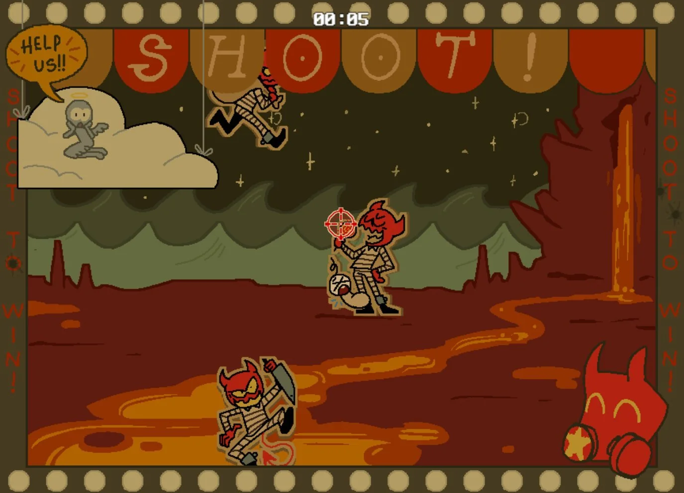 A pixel art-style video game screen with a Halloween theme, featuring a background of volcano and lava, and cartoon devil characters. A character in the center holds a crosshair target, another is in the lower-left corner with a devil mask, and a flying figure is near the top holding a sign that says 'Help us!!'. Extra features include a large devil face on the bottom right and game controls on the edges of the screen.