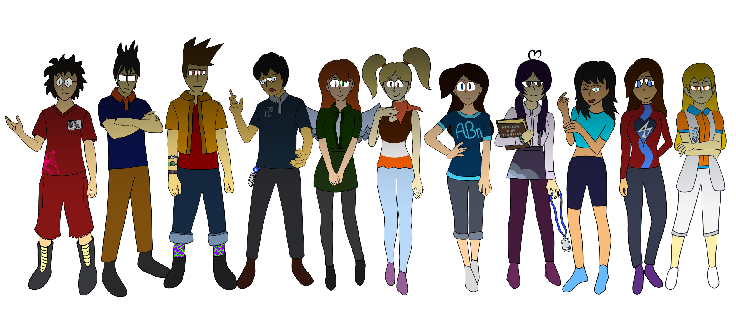 A group of twelve animated young people standing in a line, each with unique clothing and hairstyles, against a black and white background.