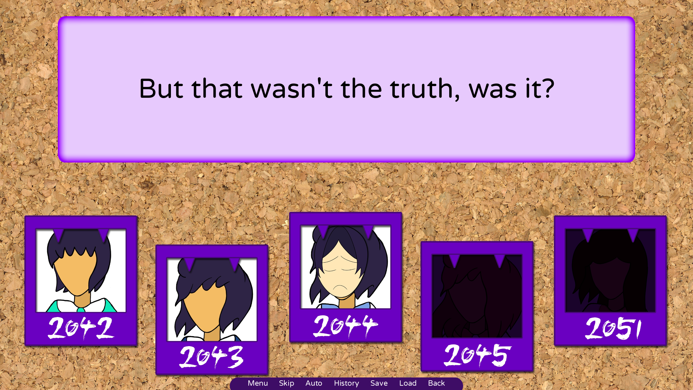 Screenshot of a visual novel game scene with five character portraits numbered 2042, 2043, 2044, 2045, 2051. The scene has a corkboard background and a purple dialogue box at the top that reads, 'But that wasn't the truth, was it?'. There is a menu bar at the bottom with options: Menu, Skip, Auto, History, Save, Load, Back.