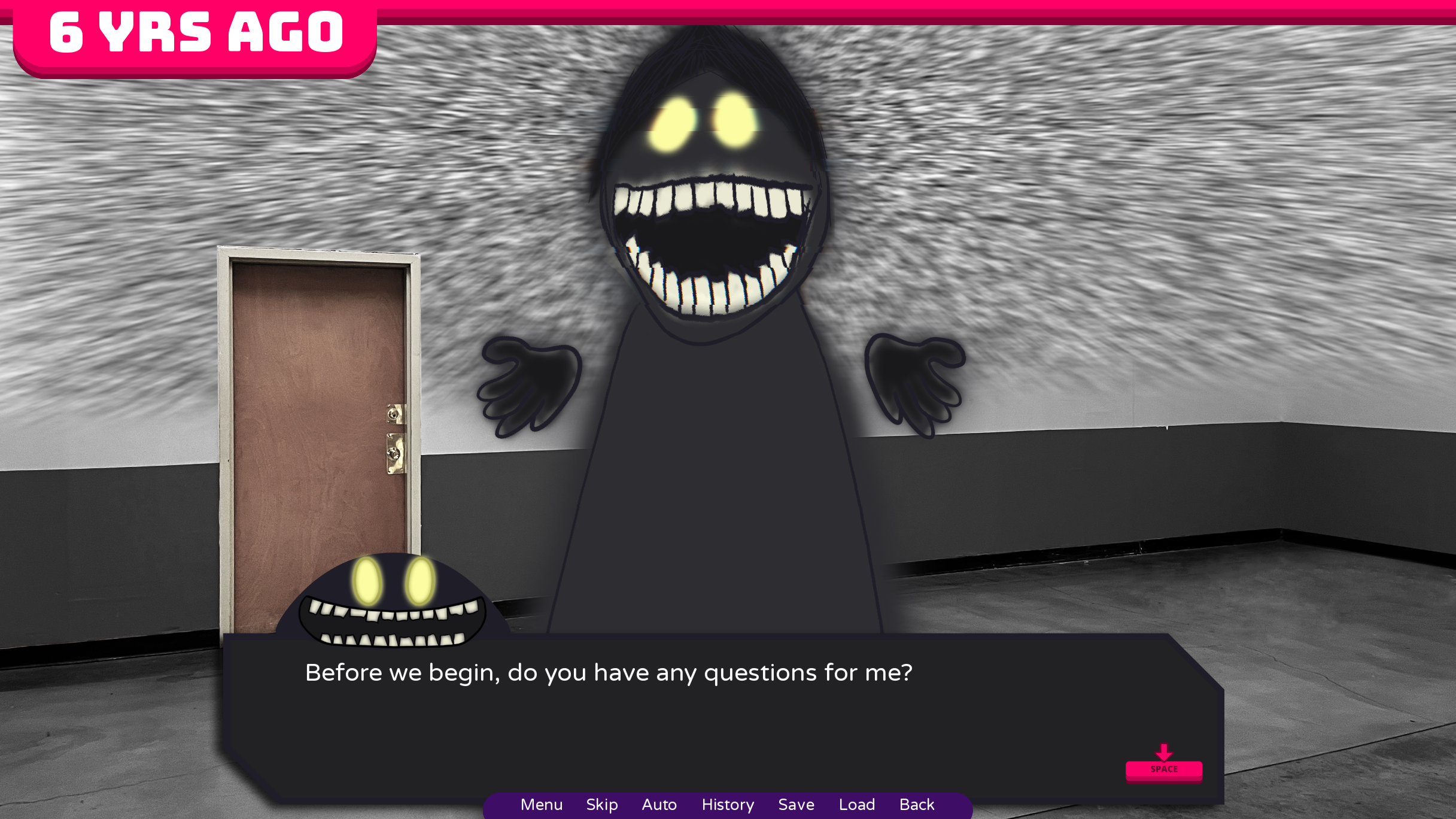A digital game scene features a character with glowing yellow eyes and wide mouth with sharp teeth, standing against a textured grayscale wall with a door, and a smaller version of the same character in a dialogue box asking, 'Before we begin, do you have any questions for me?' with menu options at the bottom.