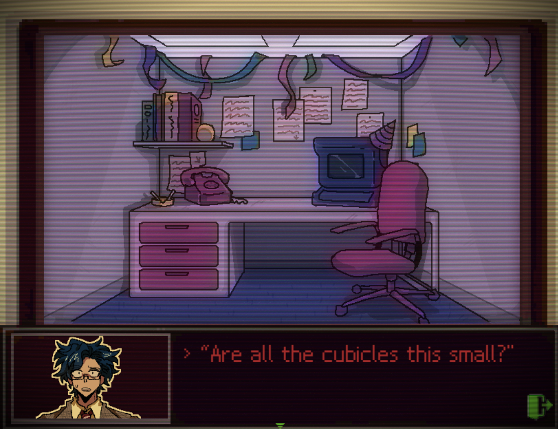 A cluttered office desk with pink drawers, a pink rotary phone, a computer monitor, and a pink office chair. Decorations include hanging streamers and sticky notes on the walls. A character in the bottom left asks, 'Are all the cubicles this small?'.