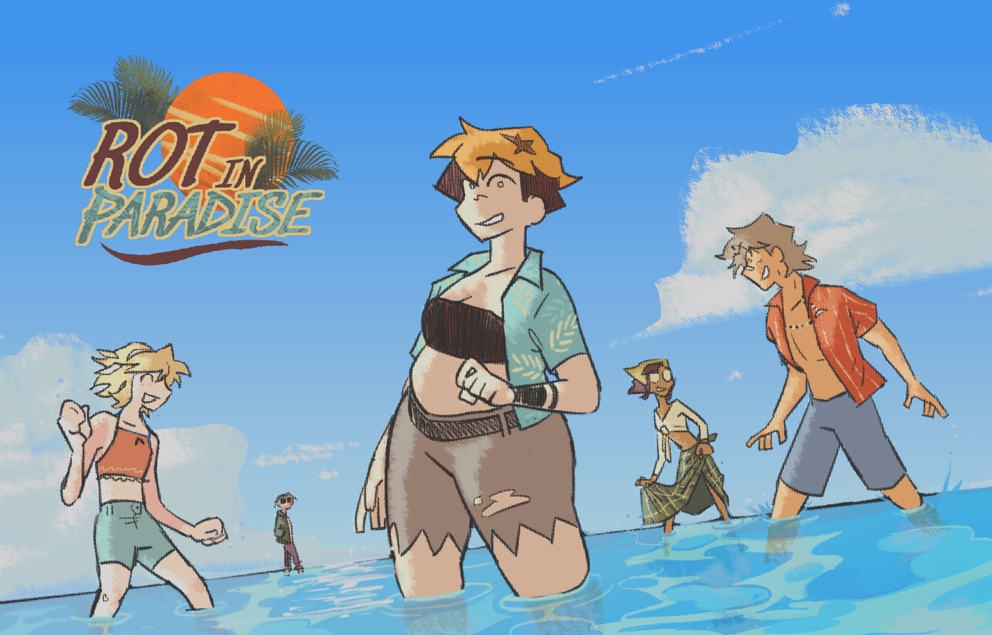 Animated illustration of four characters at the beach with the text 'Riot in Paradise' and a sunset with palm trees in the background.