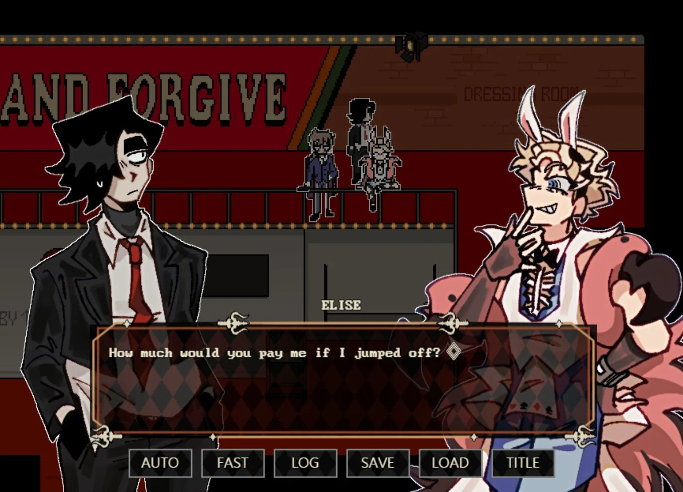 Scene from a video game featuring two anthropomorphic characters, one dressed as a black-suited man and the other as a rabbit, in a concert or performance setting with a 'Grand Forgive' sign in the background. The rabbit character asks, "How much would you pay me if I jumped off?"