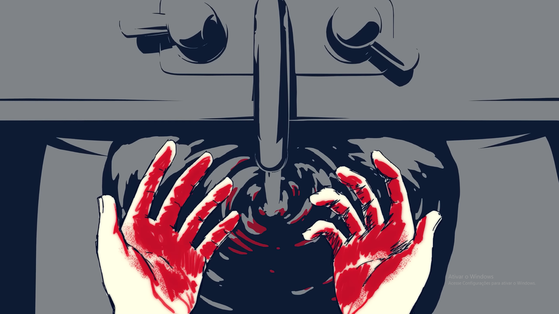 A digital illustration of bloodied hands reaching towards a kitchen sink with a faucet, surrounded by a dark background.