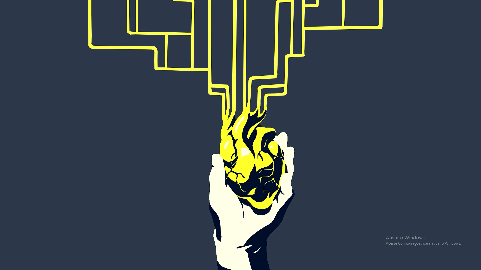 A digital illustration of a white hand holding a human heart with yellow and black colors, connected to a circuit board pattern above, on a dark gray background.
