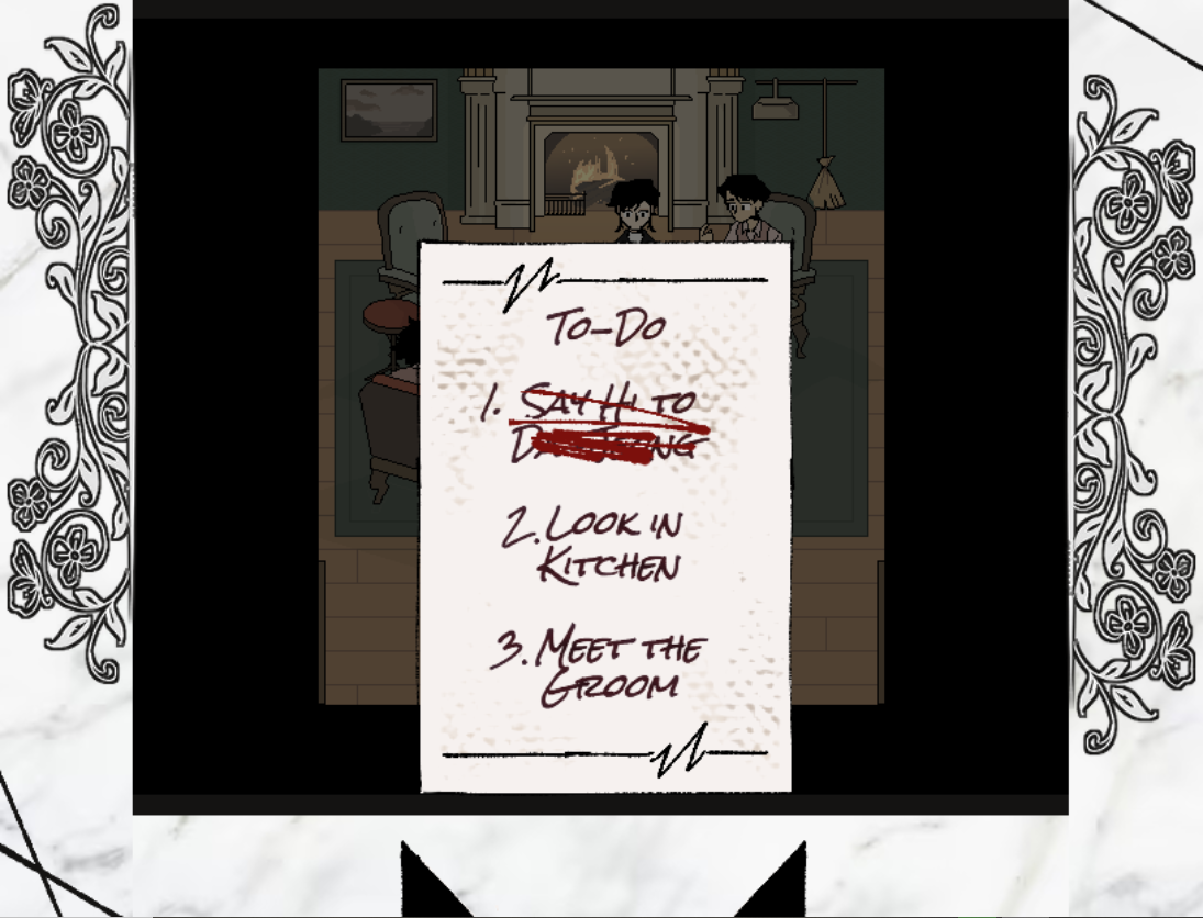 A cartoon scene of two people sitting at a table in a living room with a fireplace, a painting on the wall, and a lamp hanging from the ceiling. In front of them is a large, handwritten to-do list with three items, with the first item crossed out.