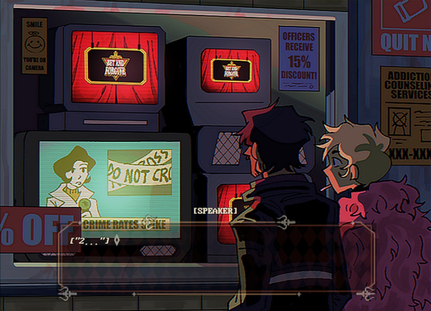 Several people watching news on television screens in a room with promotional posters and signs about crime, addiction counseling, and discounts.