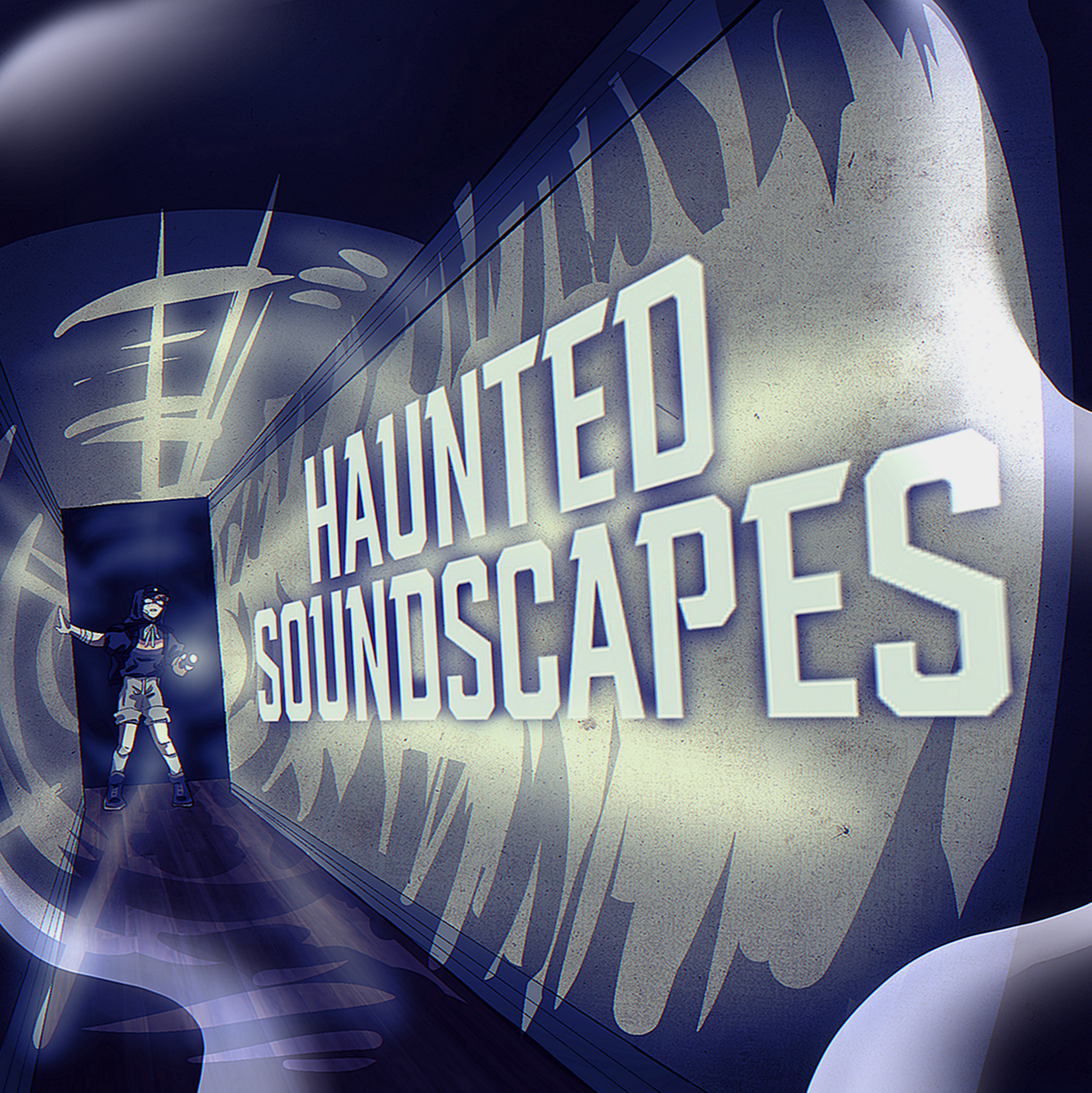 Animated hallway with a haunted theme, featuring a large illuminated sign that reads 'Haunted Soundscapes' and a spooky character in costume standing in the corridor.