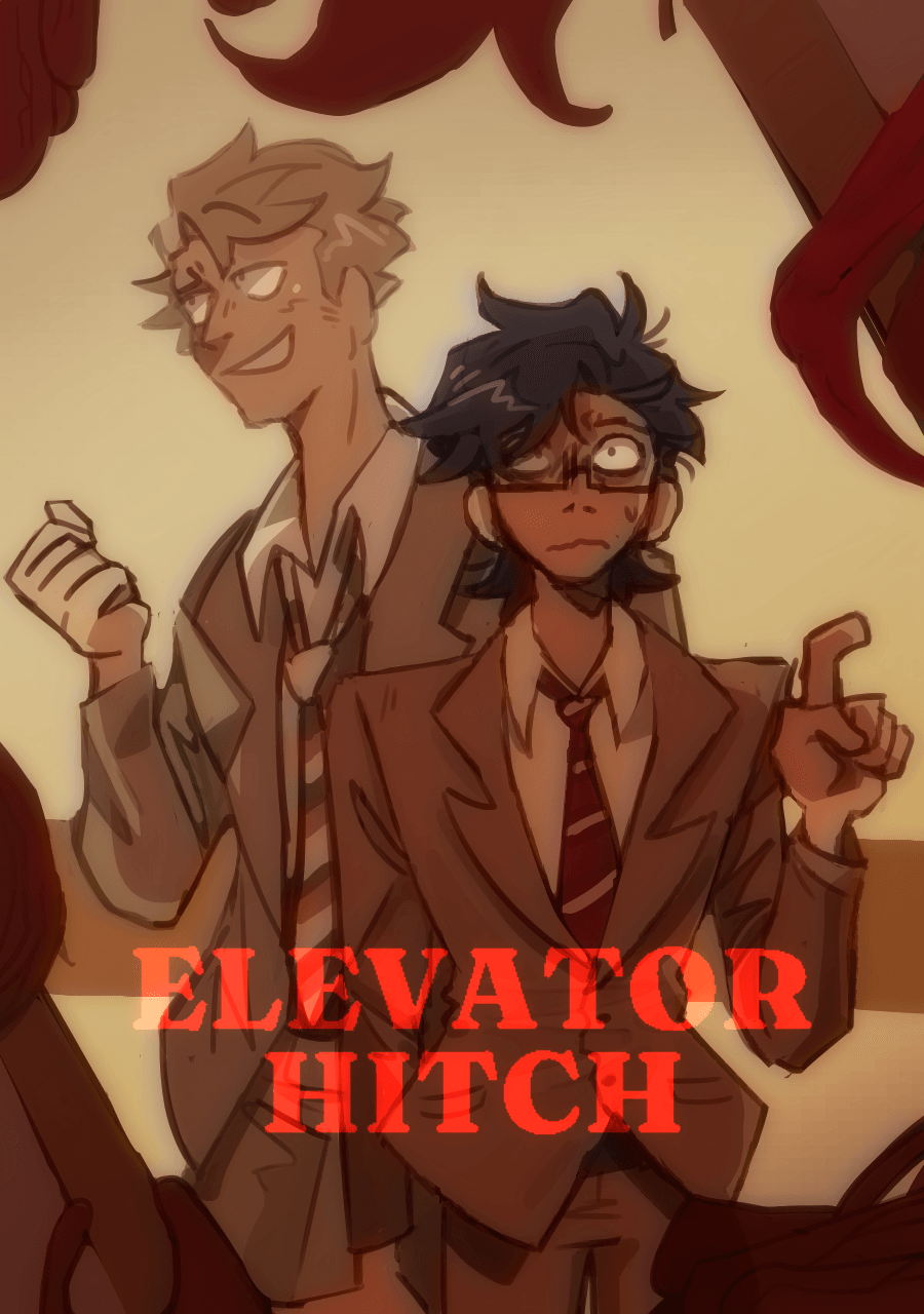 Two animated characters in school uniforms, one with light hair and a confident expression, and the other with dark hair and glasses, in a scene titled "Elevator Hitch".