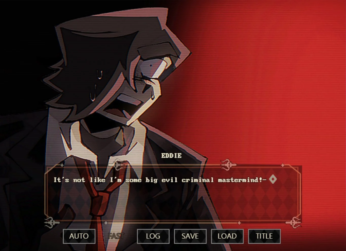 Animated character with glasses and dark hair, wearing a suit and red tie, appears distressed, standing in front of a red background, with dialogue box saying, 'It's not like I'm some big evil criminal mastermind!'