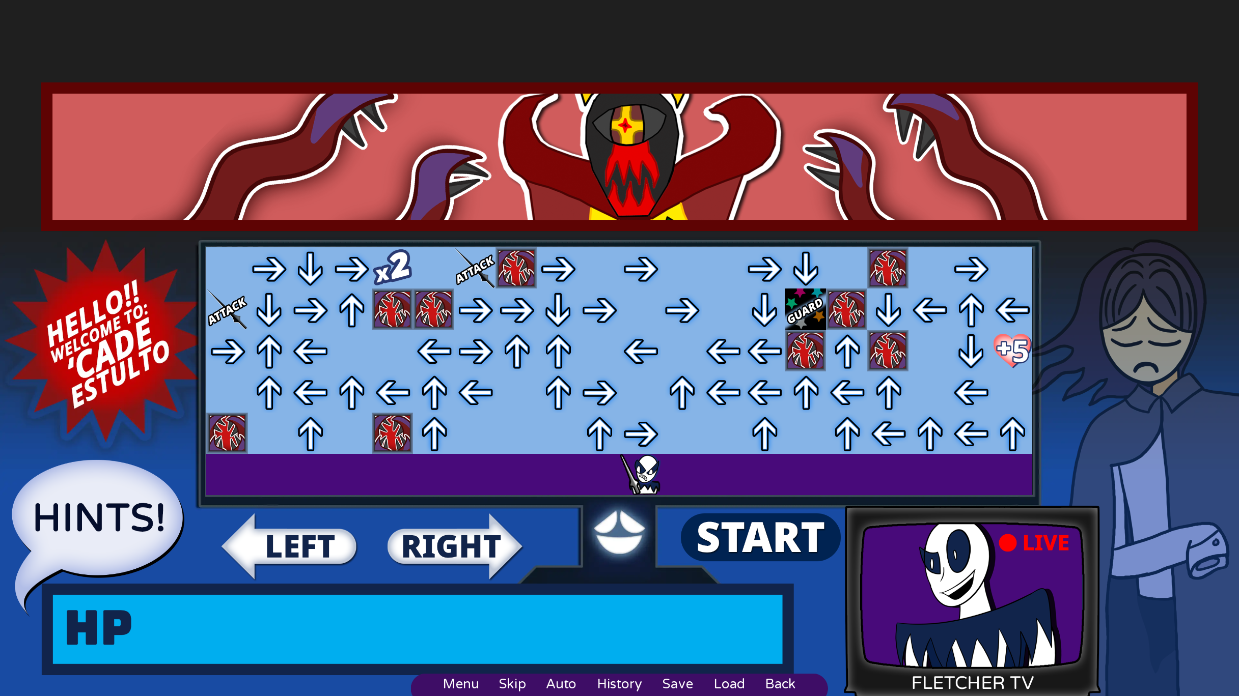 A video game screen showing a character selection and control interface, with a sequence of arrows and icons guiding gameplay. The background features animated creatures and characters, including a sinister figure at the top, a sad-looking girl on the right, and a cartoon skeleton character in a television screen at the bottom right labeled "Fletcher TV."