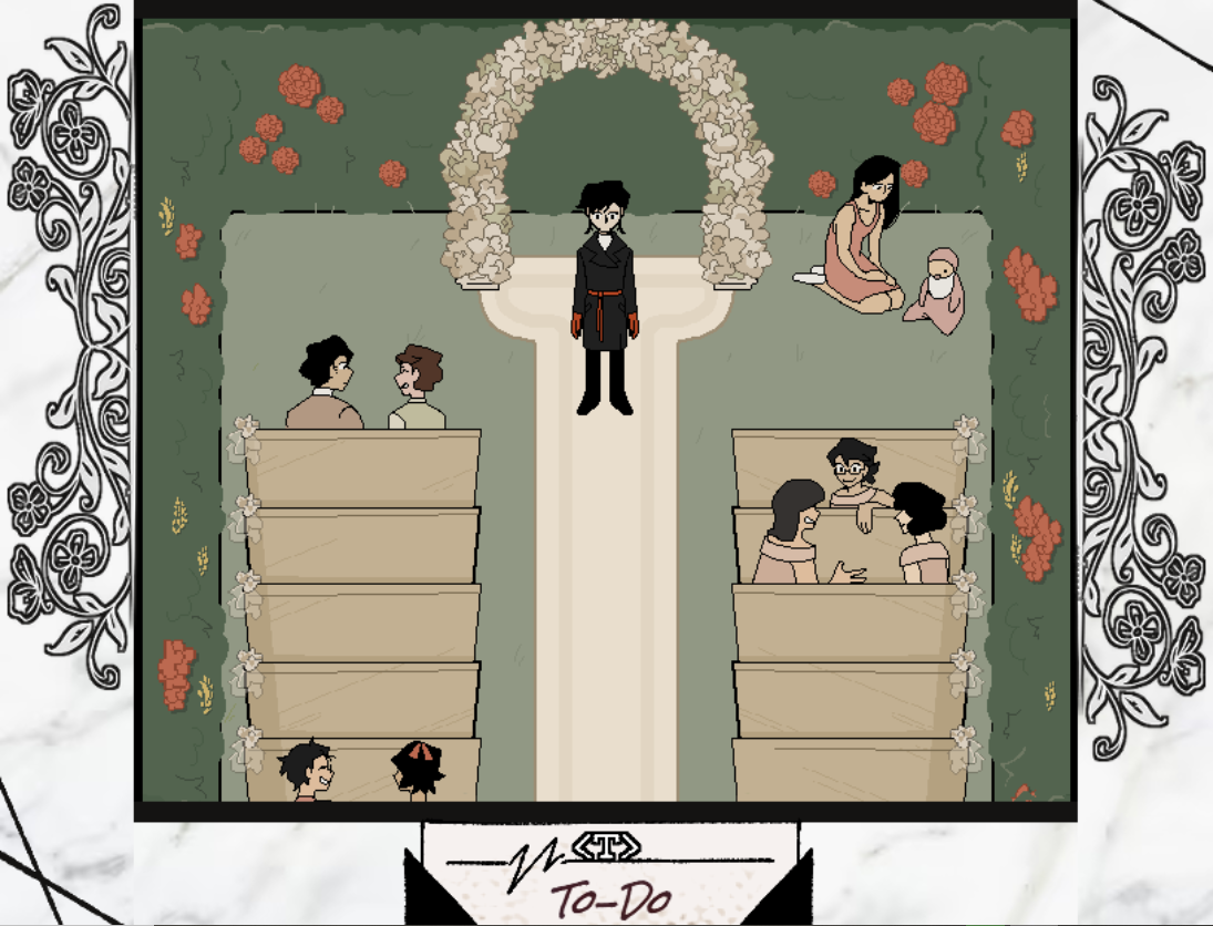 A pixel art wedding scene with a bride and groom, surrounded by friends and family sitting on benches, under an archway of flowers, in a green outdoor setting with red flowers and decorative borders.