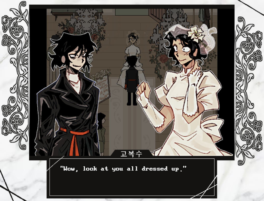 Two characters in a wedding dress shop, one man in black and one woman in a white wedding dress, standing in front of a marble background with floral patterns, with a scene of a bride and groom in the background and a woman behind a counter, and a speech box reading "Wow, look at you all dressed up."