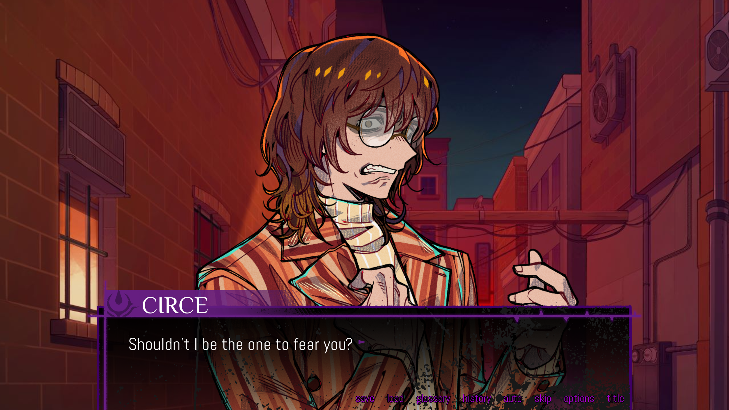 A character with long, wavy brown hair and glasses, wearing a striped turtleneck and an orange jacket, stands in a dark alley at night expressing concern with a frown and clenched fist, against a backdrop of brick buildings with lit windows.
