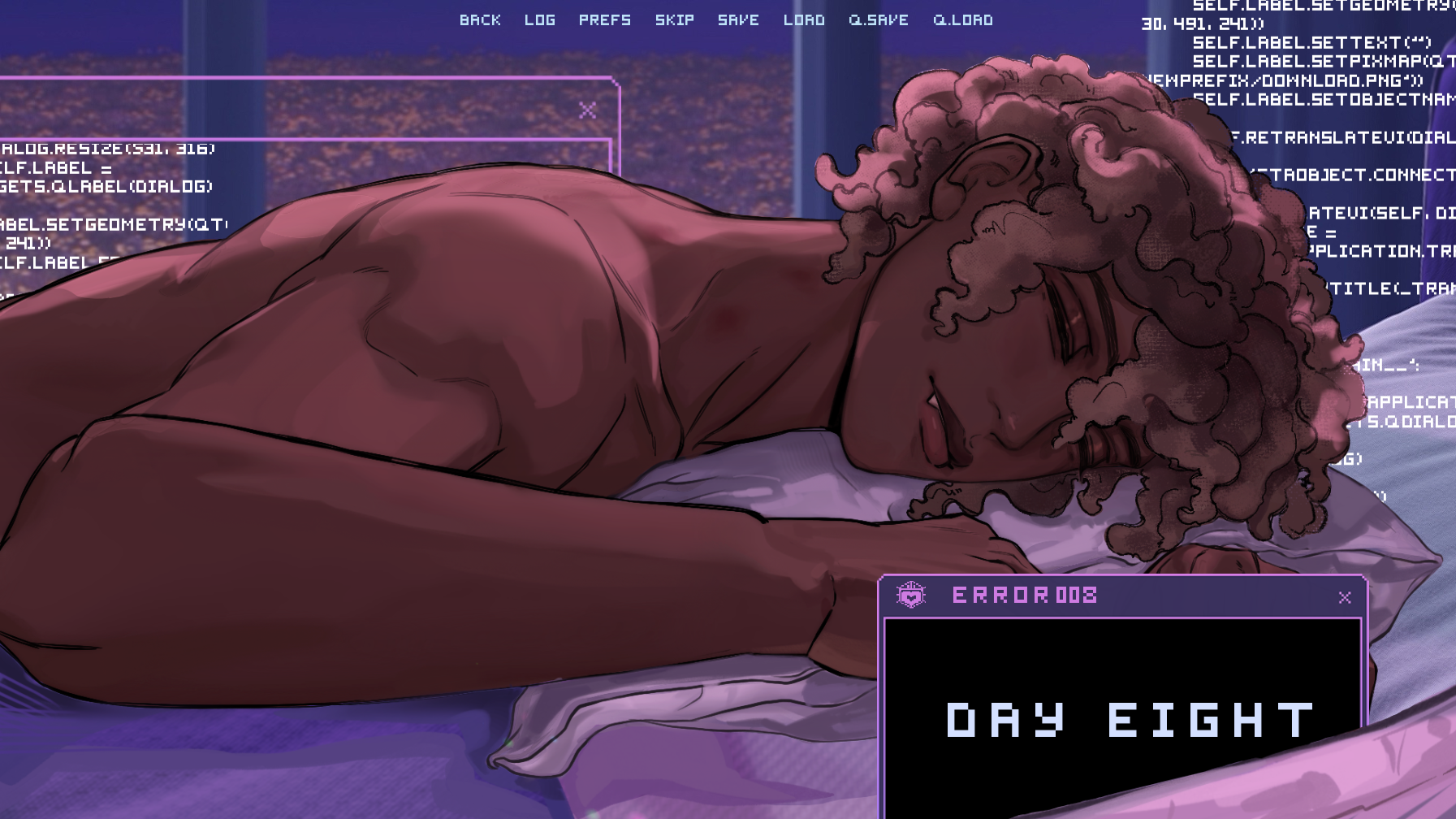 A digital illustration of a woman with curly hair sleeping on a pillow, with computer code and error messages displayed in the background, and a text box in the foreground reading 'DAY EIGHT'.