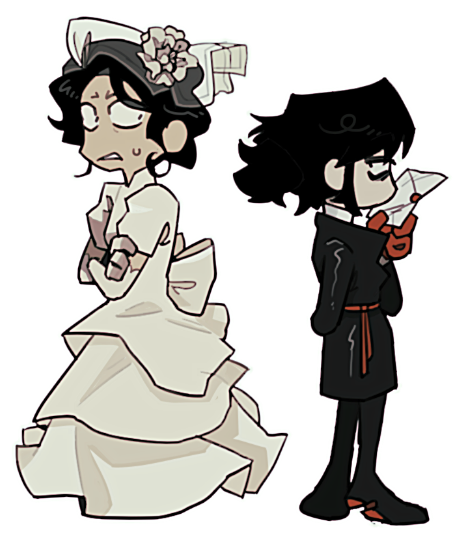 Cartoon characters of a bride in a wedding dress with a floral headpiece on the left and a groom in a black suit reading a paper on the right, both with glasses and black hair.