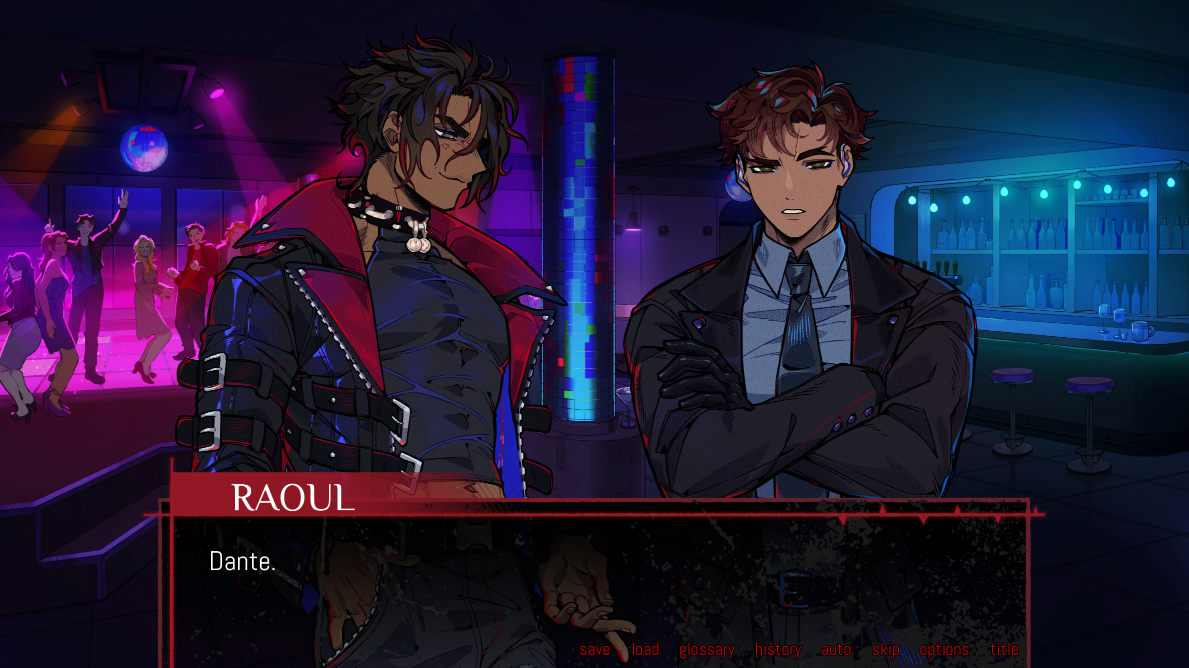 Two young men in a nightclub with dancing people in the background. One has dark, spiky hair and gothic clothing, the other has short brown hair and a formal jacket and tie. The scene has neon lighting and a bar area.